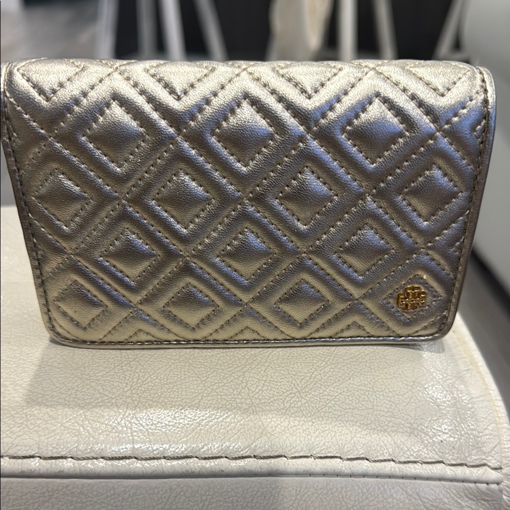 Tory Burch Quilted Metallic Gold Wallet with Gold Logo